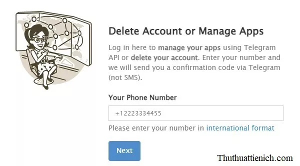 Nhập số điện thoại để xóa tài khoản Telegram