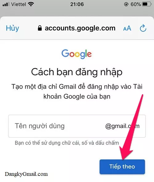 Nhập tên người dùng Gmail mong muốn trên điện thoại