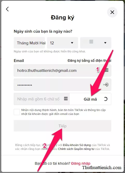 Nhập thông tin đăng ký TikTok bao gồm ngày sinh, email và mật khẩu