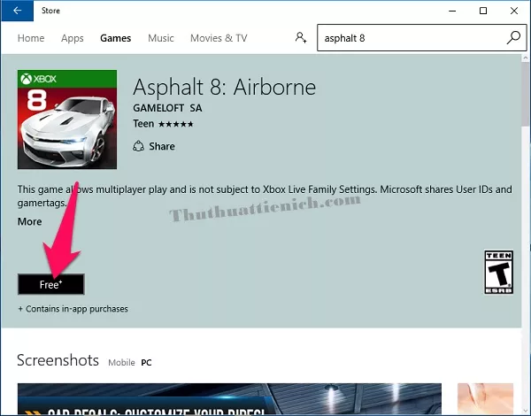 Nút cài đặt Asphalt 8: Airborne trên Microsoft Store