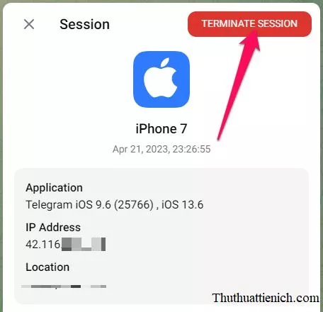 Nút Terminate session trên Telegram Web để xác nhận đăng xuất