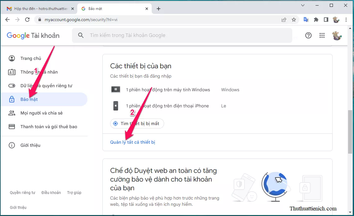 Quản lý thiết bị đăng nhập Gmail