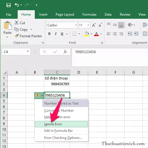 Tắt thông báo lỗi Number Stored as Text trong Excel cho từng ô