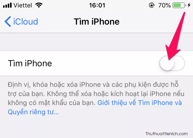 Tắt tính năng Tìm iPhone trên thiết bị