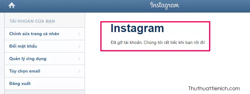 Thông báo xác nhận tài khoản Instagram đã bị xóa vĩnh viễn