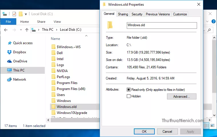 Thư mục Windows.old chiếm dung lượng ổ đĩa