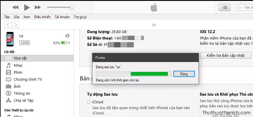 Tiến trình sao lưu iPhone trên iTunes