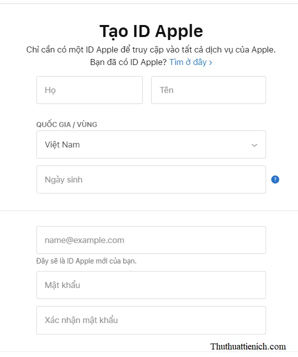 Trang web tạo tài khoản Apple ID