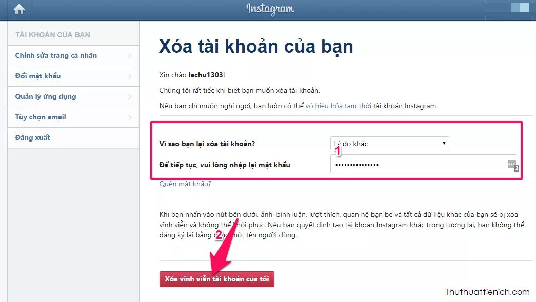 Trang yêu cầu xóa tài khoản Instagram vĩnh viễn, yêu cầu chọn lý do và nhập mật khẩu