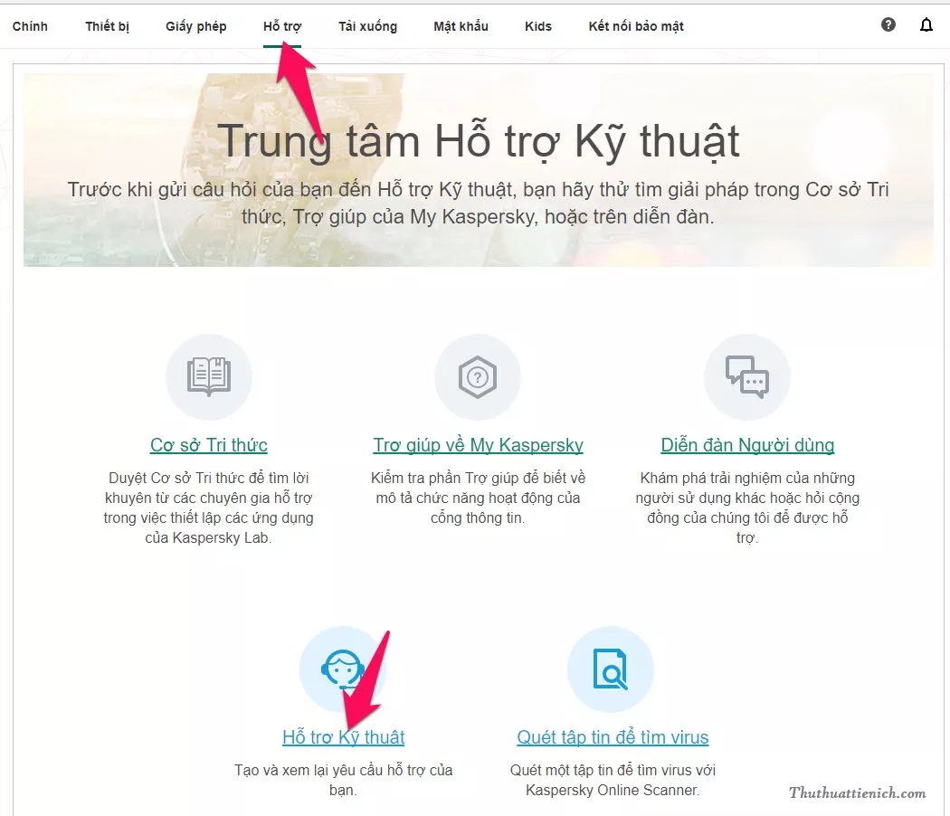 Truy cập hỗ trợ kỹ thuật Kaspersky