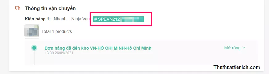 Ví dụ mã vận đơn Ninja Van trên Shopee