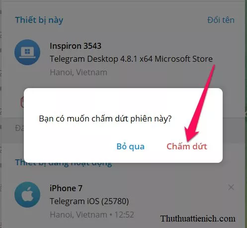 Xác nhận chấm dứt phiên trên Telegram Desktop