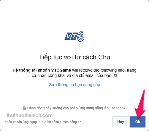 Xác nhận cho phép VTC truy cập thông tin Facebook