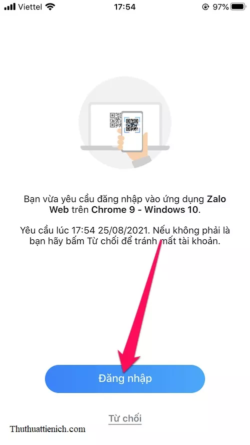 Xác nhận đăng nhập Zalo Web trên điện thoại