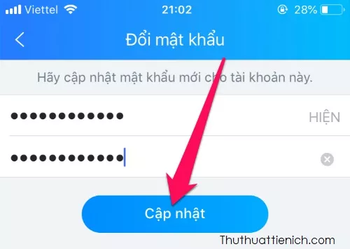 Xác nhận mật khẩu mới Zalo