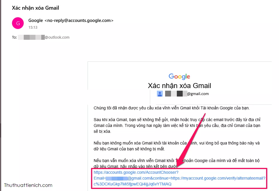 Xác nhận xóa Gmail trong email